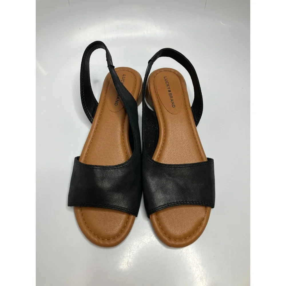 Lucky Brand Rimma Sandals Women 7.5 Black Excellent Leather Slingback Block Heel